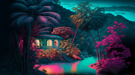 neon tropical paradise bay with turquoise water and living house, neural network generated artの素材