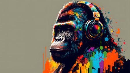 gorilla wearing headphones covered with colorful paint drops listening to music on grey background, neural network generated artの素材