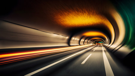 Speed light trail in empty highway tunnel, neural network generated artの素材