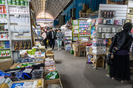 Asian health and cosmetic products on Dordoi Bazaar under roof in Bishkek, Kyrgyzsta