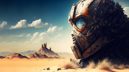 giant head in helmet in sandy desert at sunny day - fantasy postapocalyptic world wallpaper, neural network generated artの素材