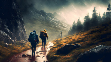 group of walking travellers in scandinavian mountains at rainy foggy day, neural network generated artの素材