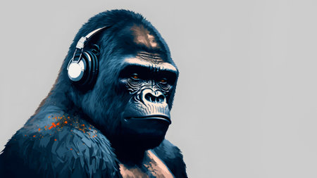 gorilla wearing headphones covered with colorful paint drops listening to music on grey background, neural network generated artの素材