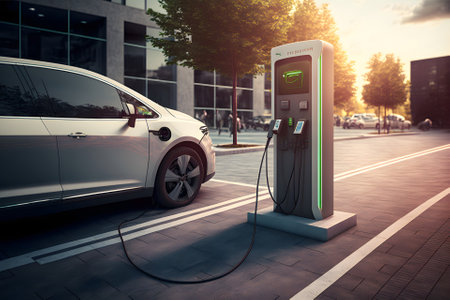 electrical vehicle near charging station in daytime summer urban environment, neural network generated artの素材