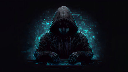 evil hacker in black hood and mask on dark black-cyan data background, neural network generated artの素材