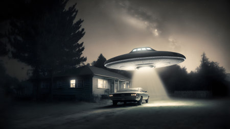 flying UFO saucer spacecraft over car near countryside house at foggy night, neural network generated artの素材