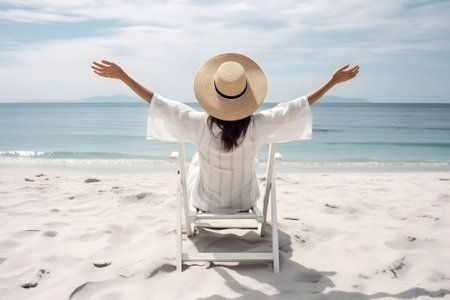 Summer beach vacation concept. Back view of woman in sun hat with rised hands on sunbed, neural network generated artの素材