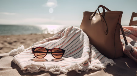 summer vacation scene on sunny sand beach with towel and sunglasses, neural network generated artの素材