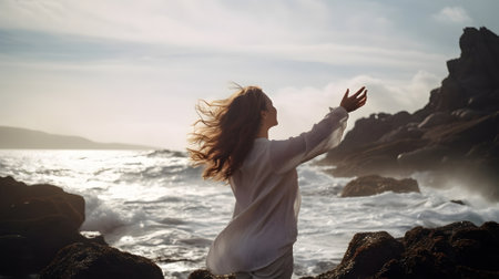 woman with rised hands in front of rocky sea shore with waves and splashes, neural network generated artの素材