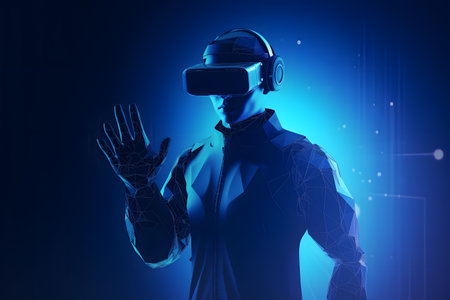 young man in futuristic jacket wearing VR goggles on dark background, neural network generated artの素材