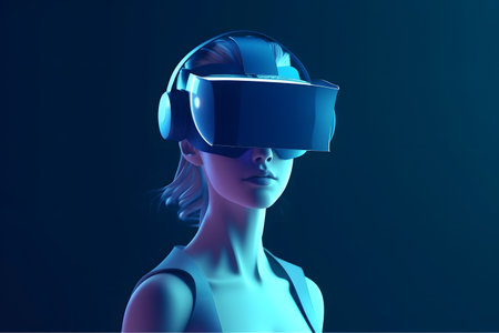 young caucasian woman in VR goggles on dark background, neural network generated artの素材