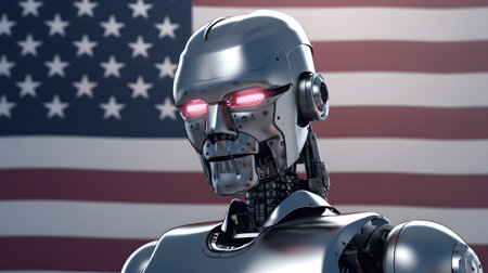 american president as a cybernetic organism on US flag background, neural network generated artの素材