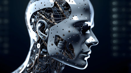 anthropomorphic humanoid robot head portrait on dark background in blue tones, neural network generated artの素材