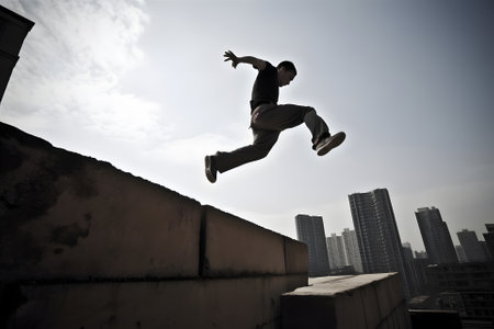 Young Parkour and Freerunning athlet trianing in an urban enviroment with a blue sky in the background, neural network generated artの素材