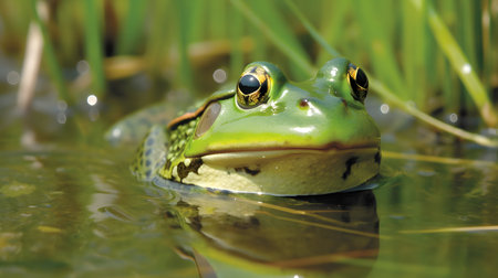 american bullfrog in shallow water under direct sun light, neural network generated artの素材
