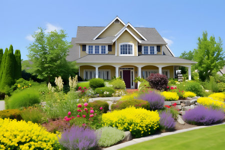 classic two-storey house with flower garden at sunny summer day - american dream style, neural network generated imageの素材