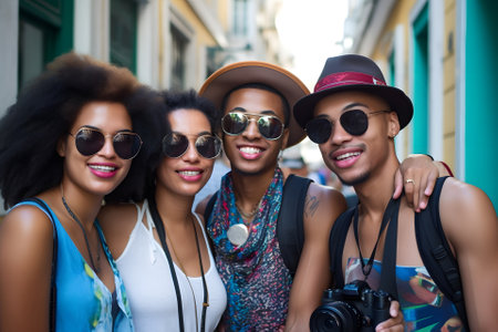 smiling african american tourists, close group portrait, neural network generatedの素材
