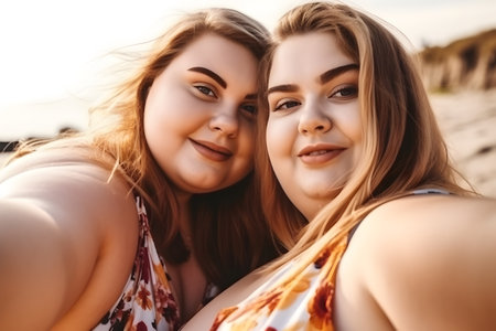 Two fat caucasian girls spending good time at the beach together, neural network generated artの素材