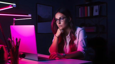designer girl sitting at the table in front of laptop, neural network generated imageの素材