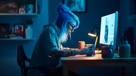blue-haired caucasian girl using computer sitting at home office, neural network generated artの素材