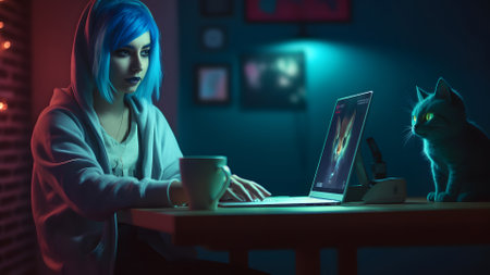 blue-haired caucasian girl using laptop on table computer at home office with her cat, neural network generated artの素材