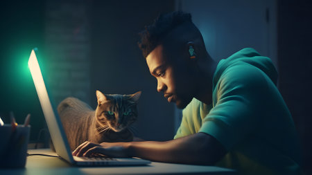 african american guy using laptop at working table with his cat at night at home office, neural network generated imageの素材