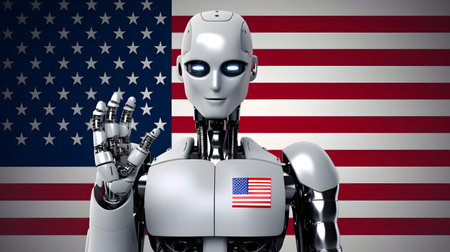 american president as a cybernetic organism on US flag background, neural network generated artの素材