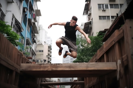 Young Parkour and Freerunning athlet trianing in an urban enviroment with a cloudy sky in the background, neural network generated artの素材