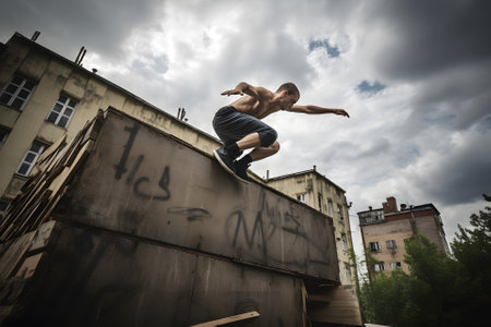 Young Parkour and Freerunning athlet trianing in an urban enviroment with a cloudy sky in the background, neural network generated artの素材