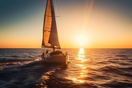 Sailing yacht boat on ocean water at sunrise, neural network generated artの素材