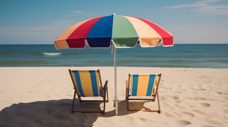 Beach umbrella with chairs on the sand beach - summer vacation theme header, neural network generated artの素材