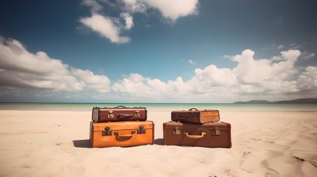 Few old-style leather or fiber suitcases laid on sand on sunny tropical beach, neural network generated artの素材