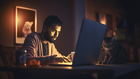 young indian man using laptop at working table with his cat at night at home office, neural network generated imageの素材
