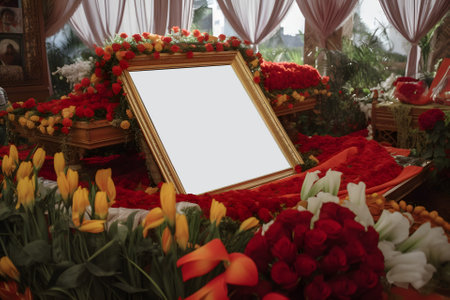 dictator funeral mockup, coffin with blank portrait board surrounded with large quantity of flowers, neural network generated artの素材