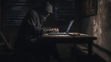 mysterious ninja working with laptop in a basement, neural network generated artの素材
