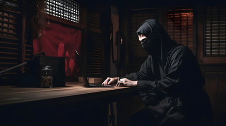 mysterious ninja working with laptop in a basement, neural network generated artの素材