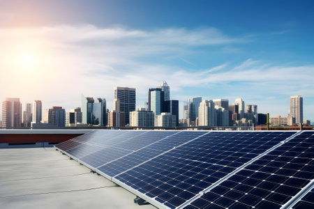 solar panels on city rooftop with downtown and blue sky in the background, neural network generated artの素材
