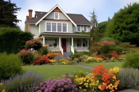 classic two-storey house with flower garden at sunny summer day - american dream style, neural network generated imageの素材