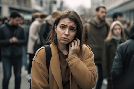 caucasian woman experiencing panic attack in public crowded place, neural network generated artの素材