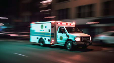 emergency ambulance car moving fast on night american city downtown district with motion blur, neural network generated artの素材