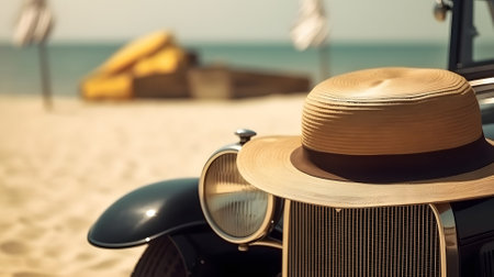 vintage car parked on beach with sun hat on fender, neural network generated artの素材