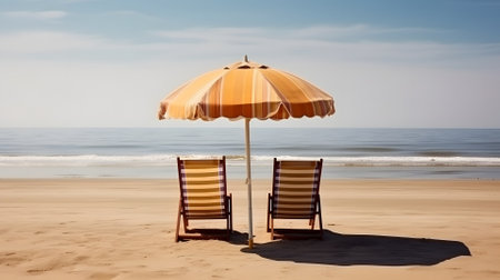 Orange beach umbrella with chairs on the sand beach - summer vacation theme header, neural network generated artの素材
