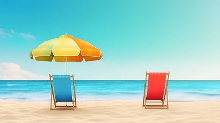 Beach umbrella with chairs on the sand beach - summer vacation theme header, neural network generated artの素材