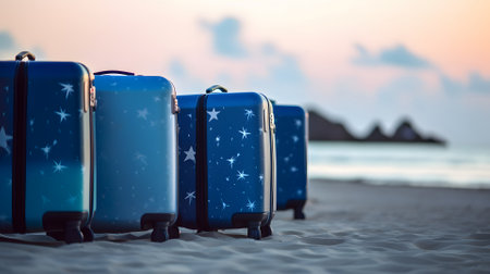 Few modern blue suitcases on tropical resort beach at morning, neural network generated artの素材