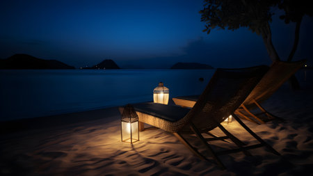 Two empty beach chairs on sand beach at night - summer vacation theme, neural network generated artの素材
