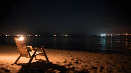 Vacant wooden beach chair on sand beach at night - summer vacation theme, neural network generated artの素材