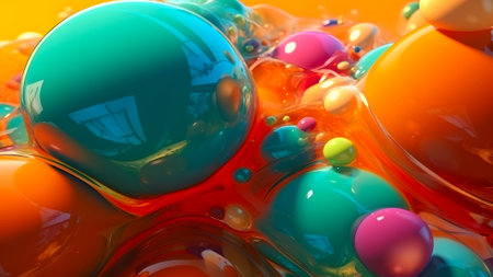 abstract background of colorful shiny gloss spheres or bubbles, neural network generated artの素材