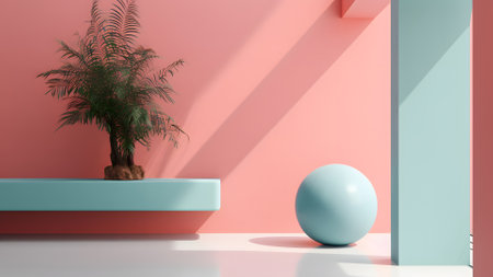 minimalistic composition scene with turquoise semigloss ball on white floor and pastel coral pink wall near a vase with green plant, neural network generated artの素材