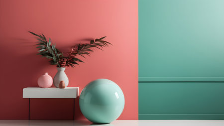 minimalistic composition scene with turquoise semigloss ball on white floor and pastel coral pink wall near a vase with green plant, neural network generated artの素材