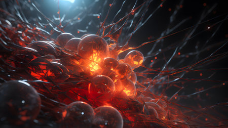microscopic tiny orange wires structure with blob-like cells , neural network generated artの素材